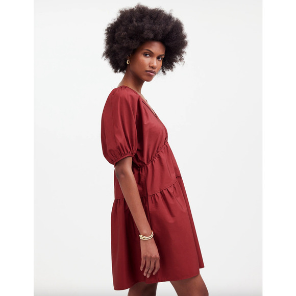 Madewell Puff Sleeve Mini Dress Poplin Claret Burgundy A Line Pockets XL NWT - Picture 4 of 14
